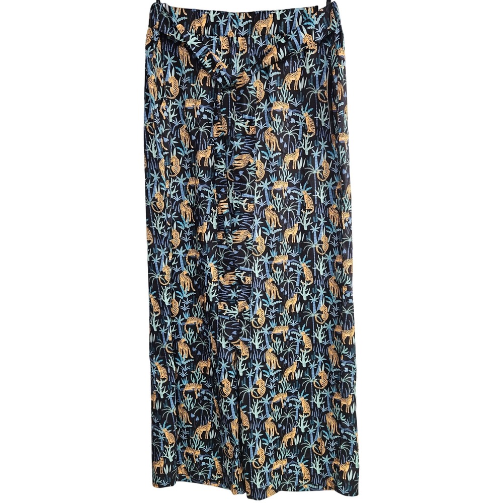 Evryday Jane Womens Leopard Jungle Print Wide Leg Pants Navy Blue Size L NWT